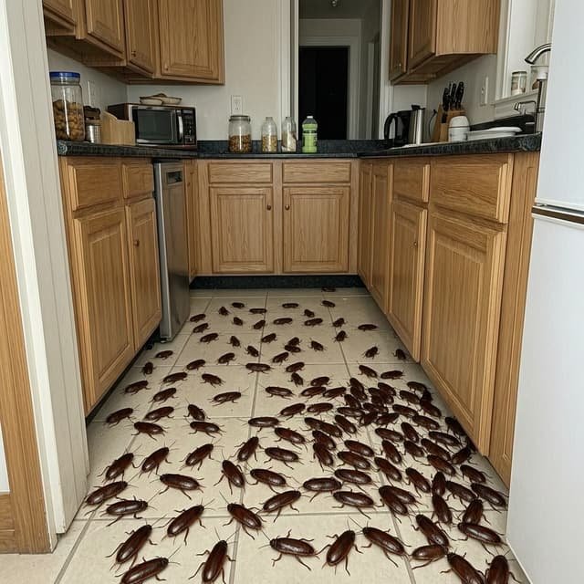 American cockroach infestation in a kitchen
