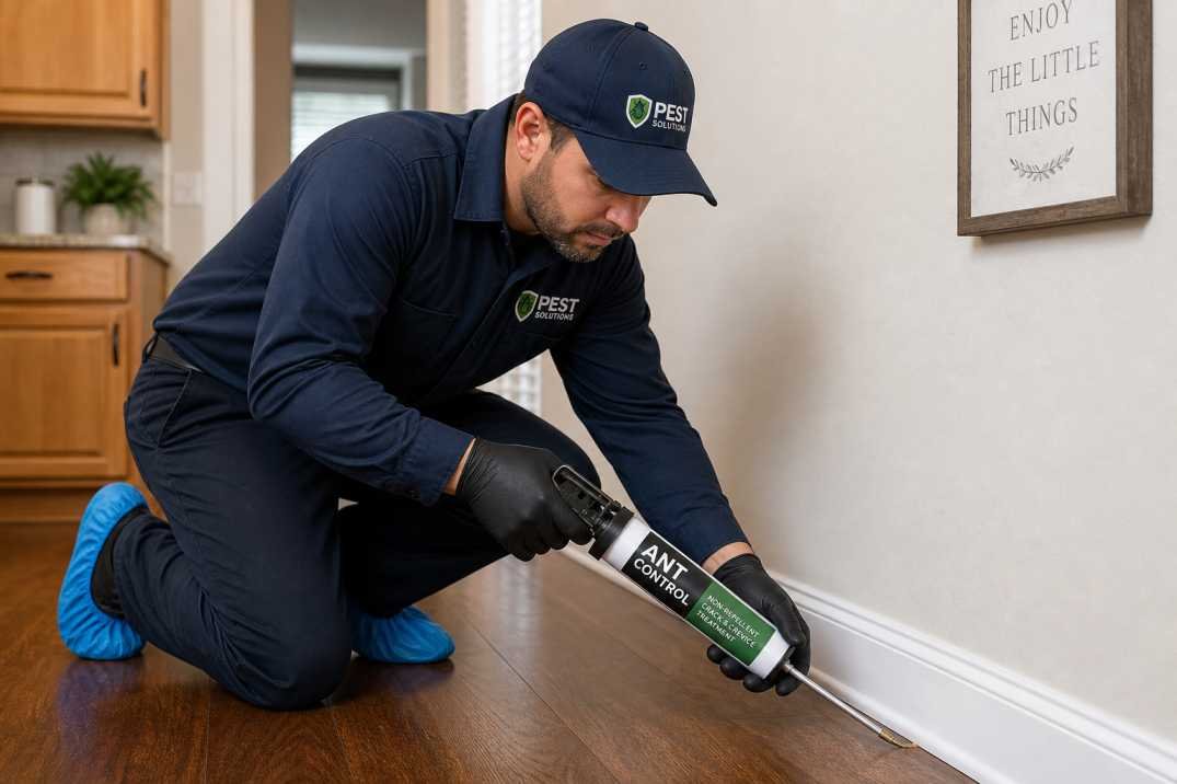 Technician applying ant control treatment along baseboards