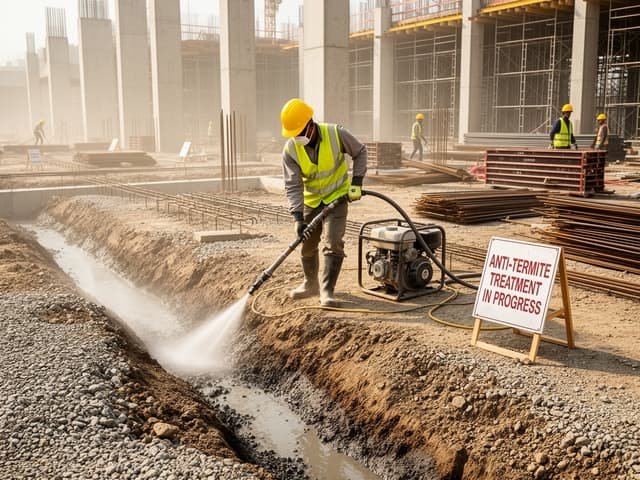 Anti-termite treatment being applied at a construction site