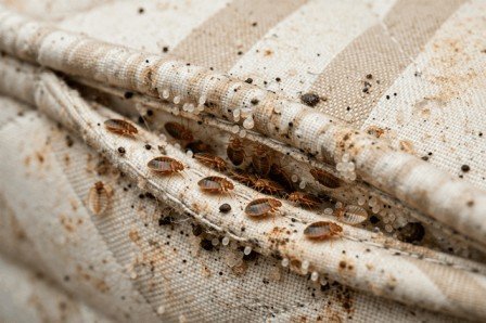 Bed bug infestation found on a mattress seam
