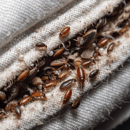 Bed bug infestation found on a mattress seam
