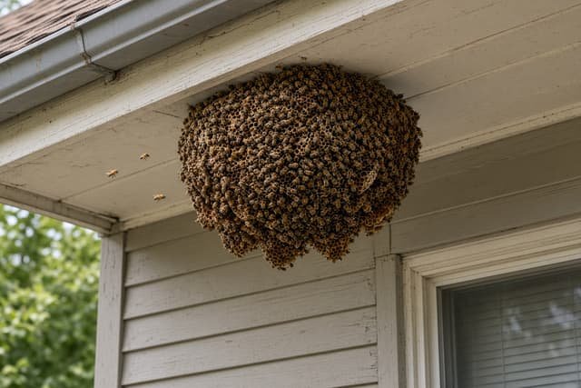 Bee hive found under a residential roof eave