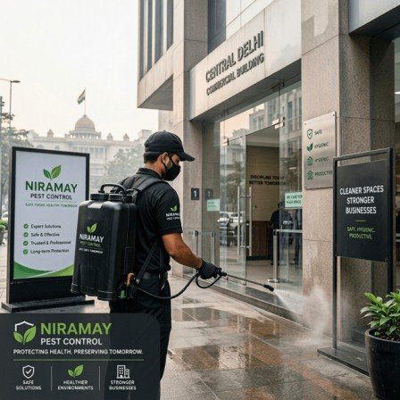 Niramay Pest Control technician conducting pest treatment at a Central Delhi commercial building