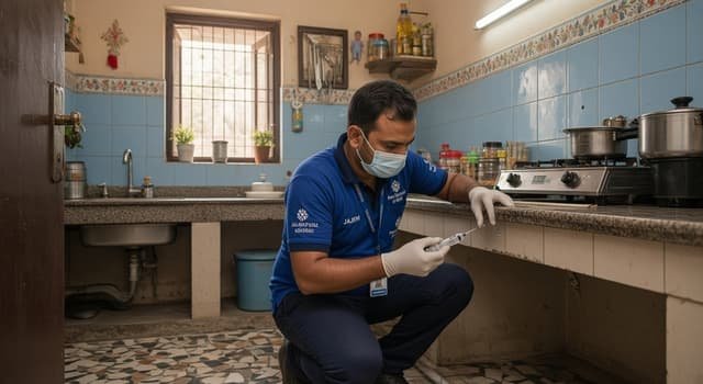 Cockroach gel bait treatment being applied in a Janakpuri residential kitchen by Niramay technician