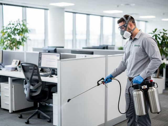 Professional commercial pest control technician spraying treatment in a Delhi NCR office building - Niramay Pest Control