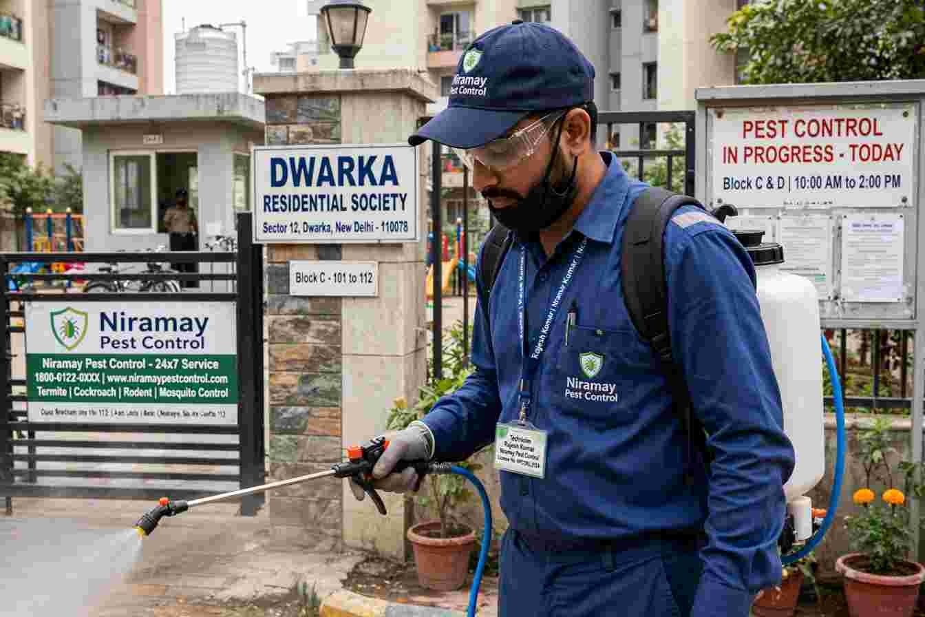 Niramay Pest Control technician conducting pest treatment at a Dwarka residential society