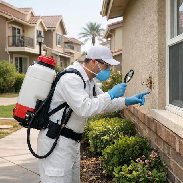 Niramay Pest Control technician inspecting an East Delhi apartment complex for pest activity