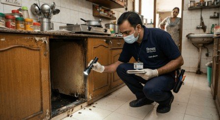 Cockroach inspection being carried out inside a Karol Bagh residential property by Niramay pest expert