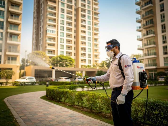 Niramay Pest Control technician treating a high-rise residential society in Noida