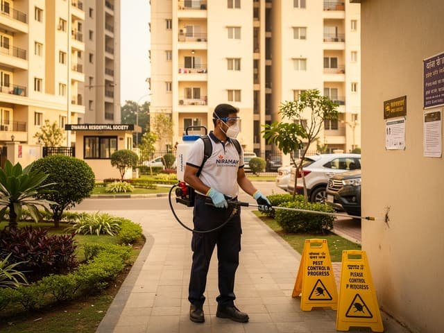 Pest control spray treatment being applied in a Dwarka sector residential building