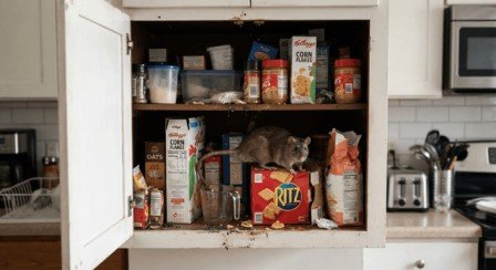 Rat sighting in a residential kitchen cabinet