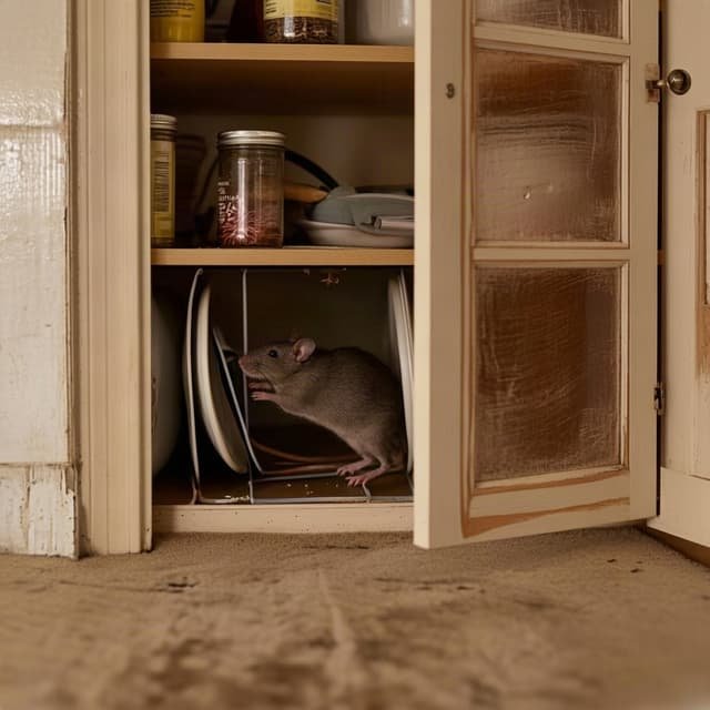 Rat sighting in a residential kitchen cabinet