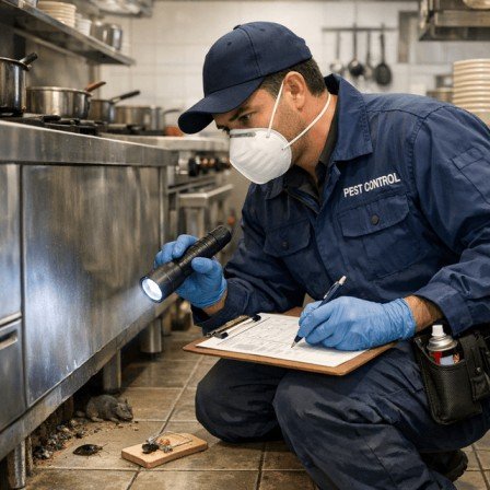 Niramay pest control technician inspecting commercial restaurant kitchen for cockroach and rodent activity in Delhi