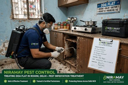 Niramay Pest Control technician treating a DDA flat in Rohini Delhi for pest infestation