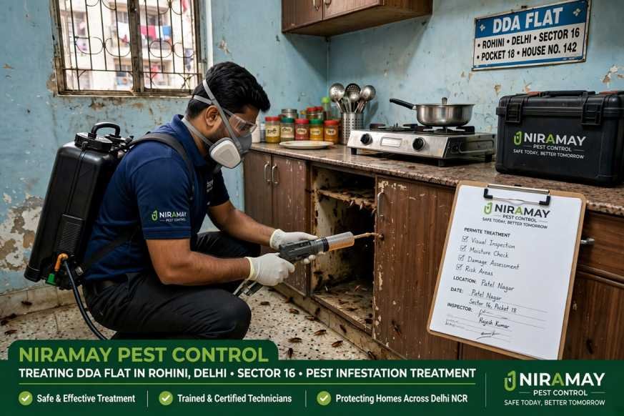 Cockroach gel bait treatment applied in a Rohini Sector 16 kitchen by Niramay Pest Control