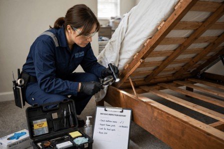 Technician inspecting bed frame for bed bugs