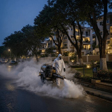 Technician spraying mosquito treatment in a garden area