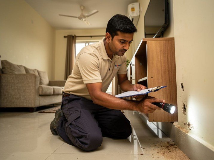 Termite inspection being performed inside a Dwarka apartment by Niramay technician