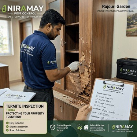 Termite damage inspection being conducted at a Rajouri Garden property by a Niramay Pest Control expert