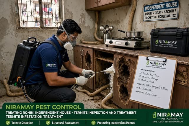 Termite inspection being conducted in a Rohini independent house by Niramay technician