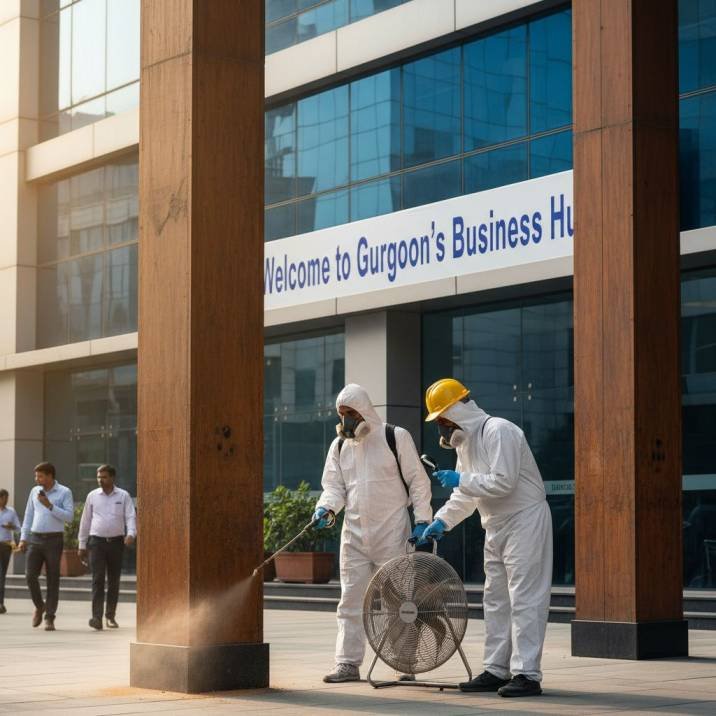 Termite treatment being conducted in a commercial office building in Gurgaon
