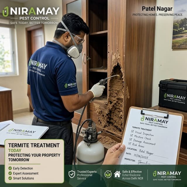 Termite treatment in progress at a Patel Nagar flat by a licensed Niramay Pest Control technician