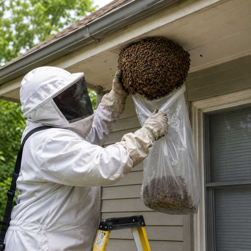 Niramay Pest Control technician in full protective gear safely removing a wasp nest from a property in Delhi NCR