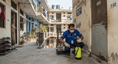 Niramay Pest Control technician carrying out pest treatment at a West Delhi apartment complex